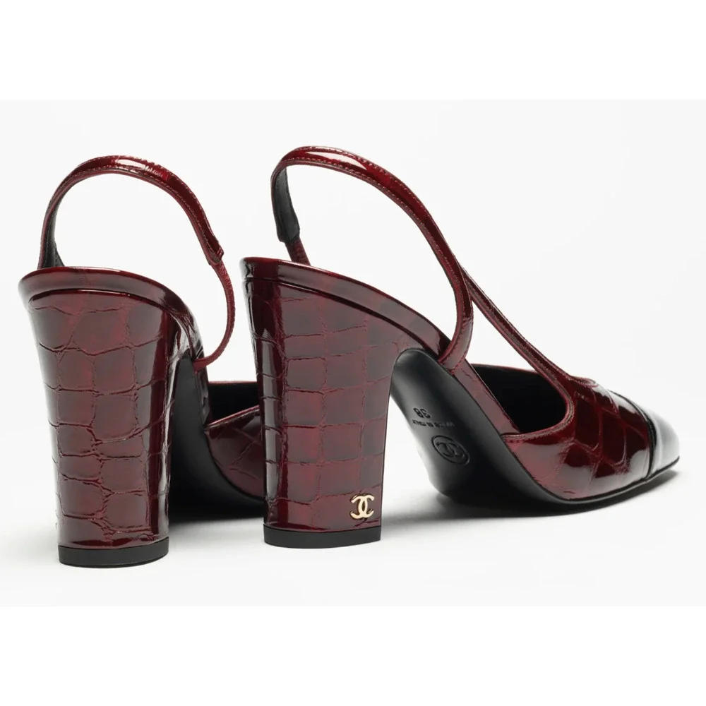 Chanel 26A Burgundy Black Crocodile Coco Sling Slingback Block Heel Pump 40c